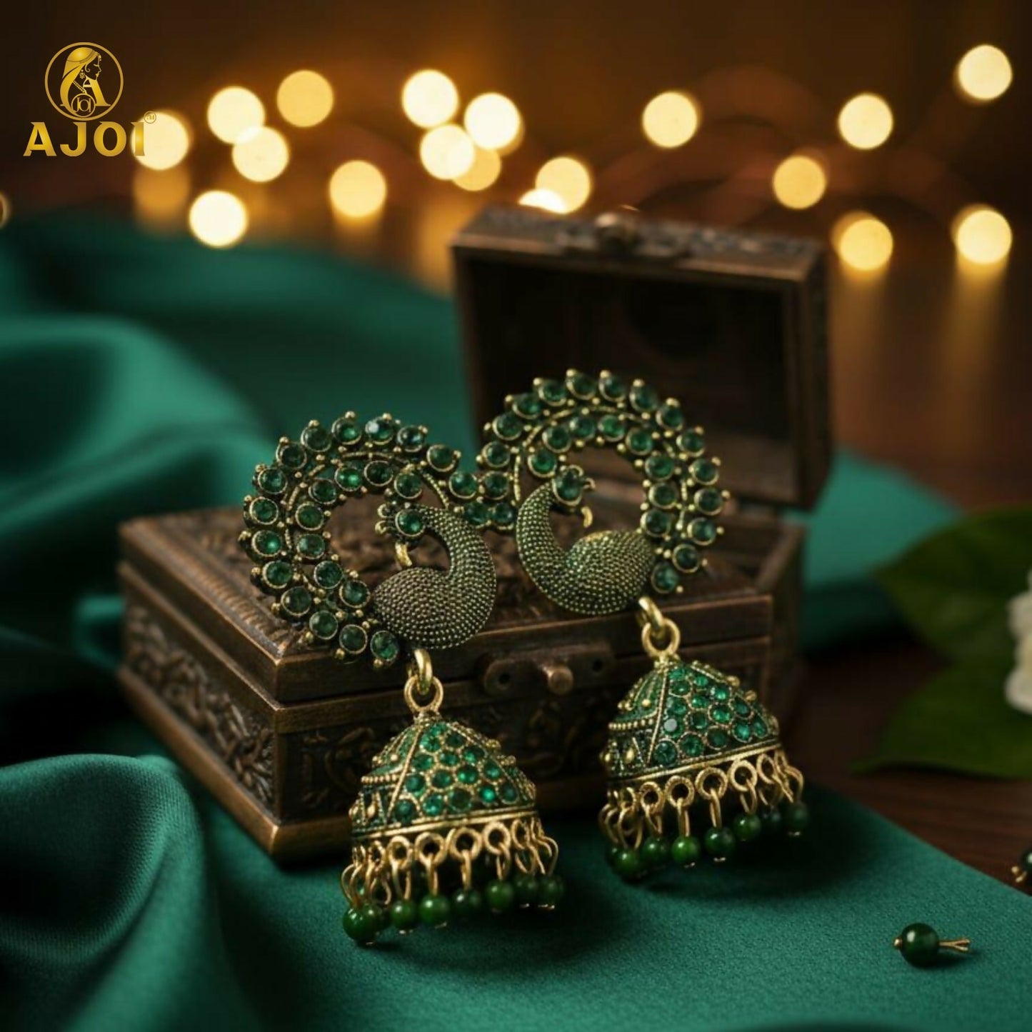 Side profile of Peacock Green Stone Jhumka Earring