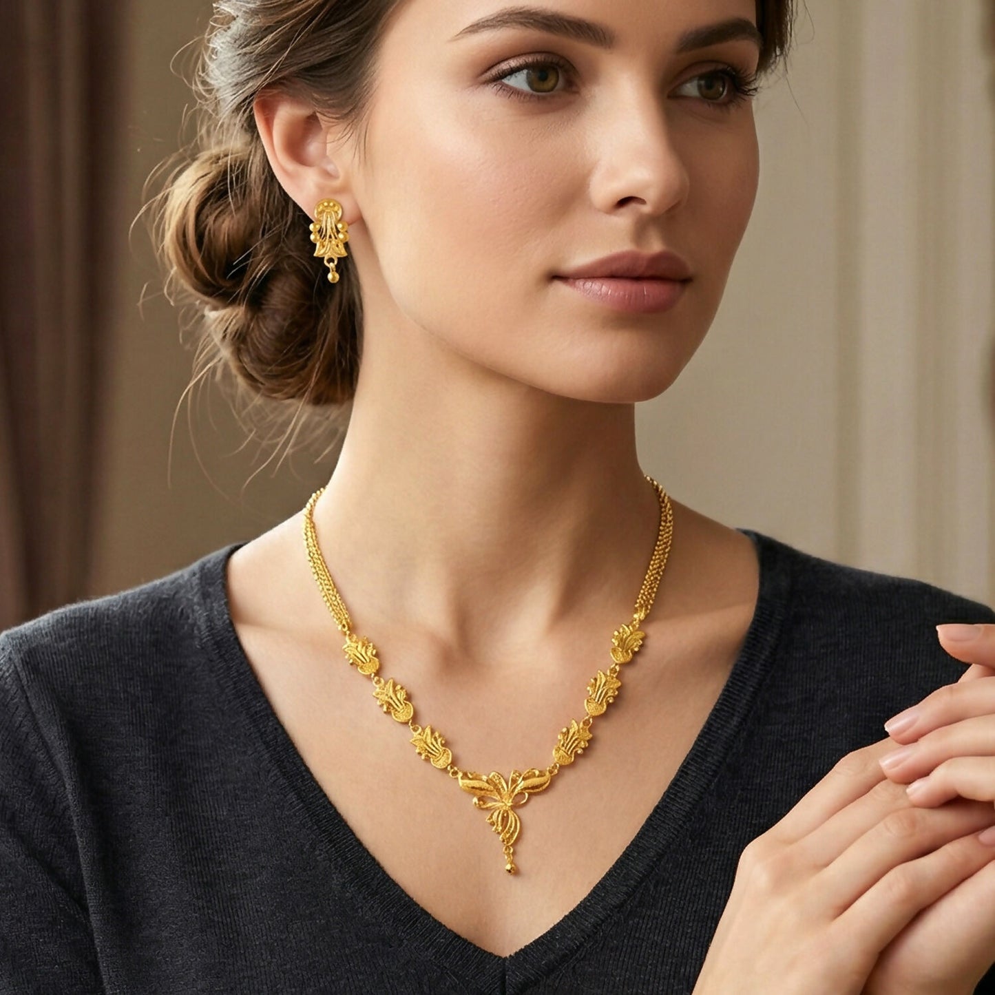 Elegant Gold Floral Necklace Set with Designer Pendant