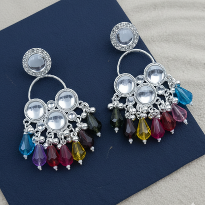 Kundan Colourfull Pearl Silver Plated Chandbali Earrings Agate Alloy Chandbali Earring