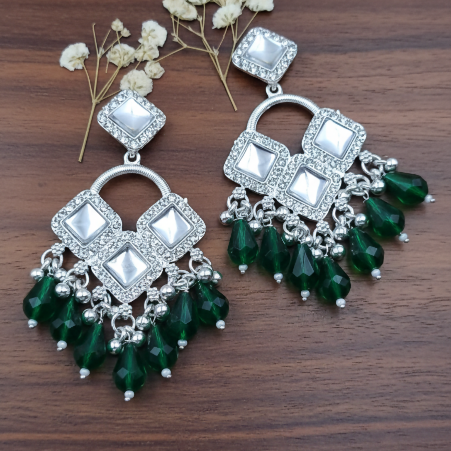 Elegant Silver Plated Chandelier Earrings Featuring Square Crystals and Green Teardrop Beads