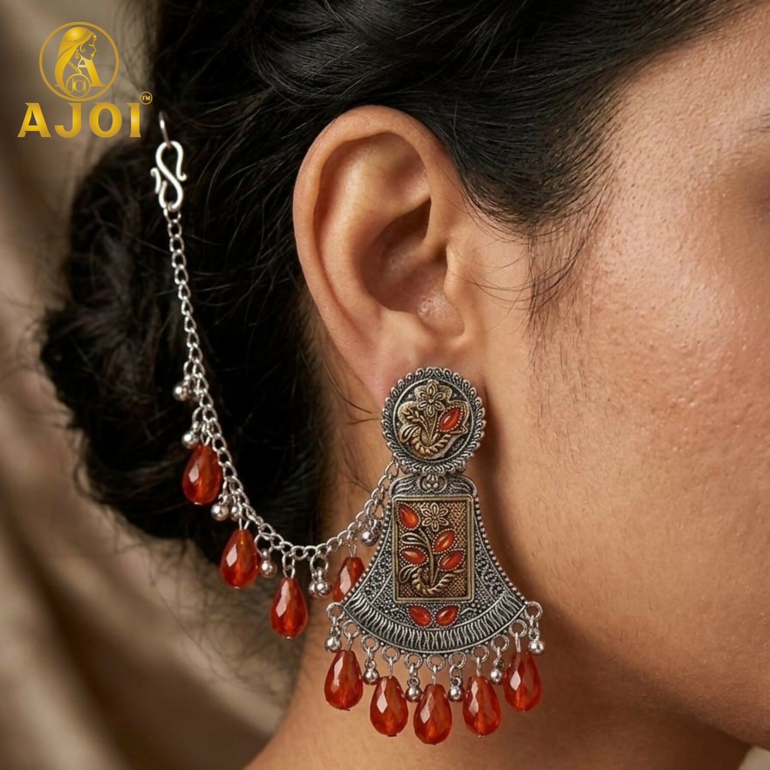 Oxidised Two-Tone Floral Earrings – Elegant Ruby Drop Design