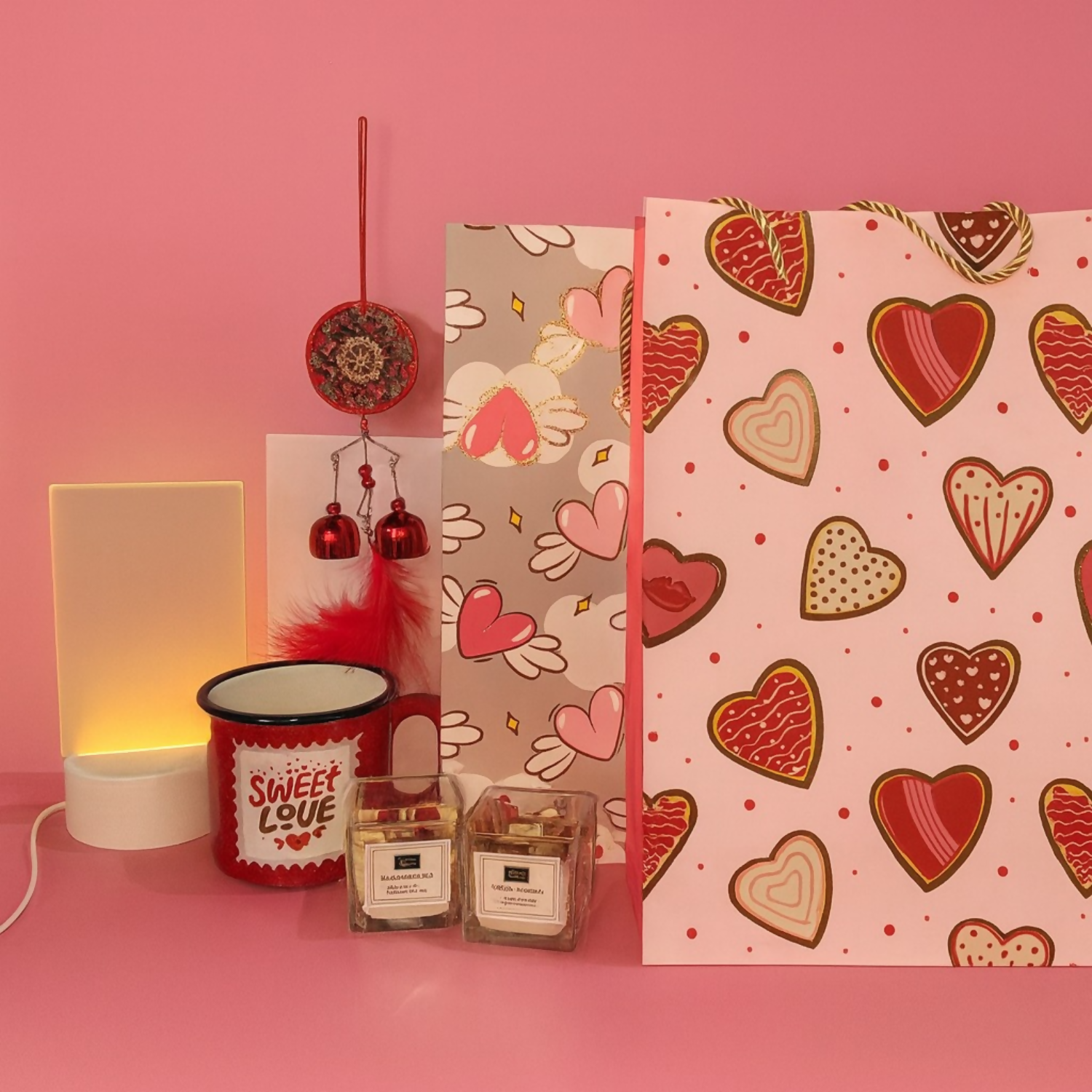 Romantic Valentine Gift Combo Set – 2 Scented Candles, 2 Designer Gift Bags, 1 “Sweet Love” Mug, 1 Heart Windchime & 1 LED Night Lamp | Perfect Gift for Girlfriend, Boyfriend, Anniversary & Home Decor