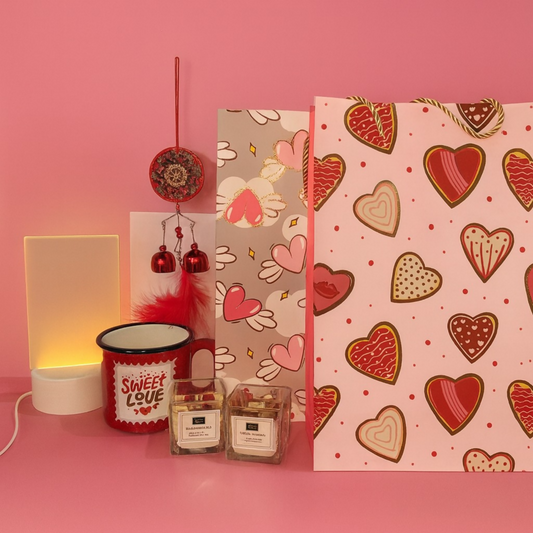 Romantic Valentine Gift Combo Set – 2 Scented Candles, 2 Designer Gift Bags, 1 “Sweet Love” Mug, 1 Heart Windchime & 1 LED Night Lamp | Perfect Gift for Girlfriend, Boyfriend, Anniversary & Home Decor