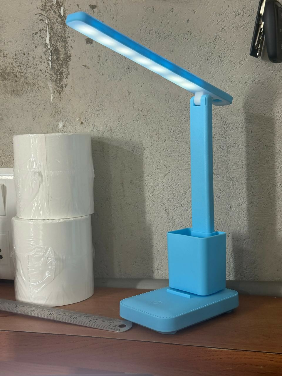 Blue LED Desk Lamp with Touch Control, Pen Holder & Adjustable Arm for Study