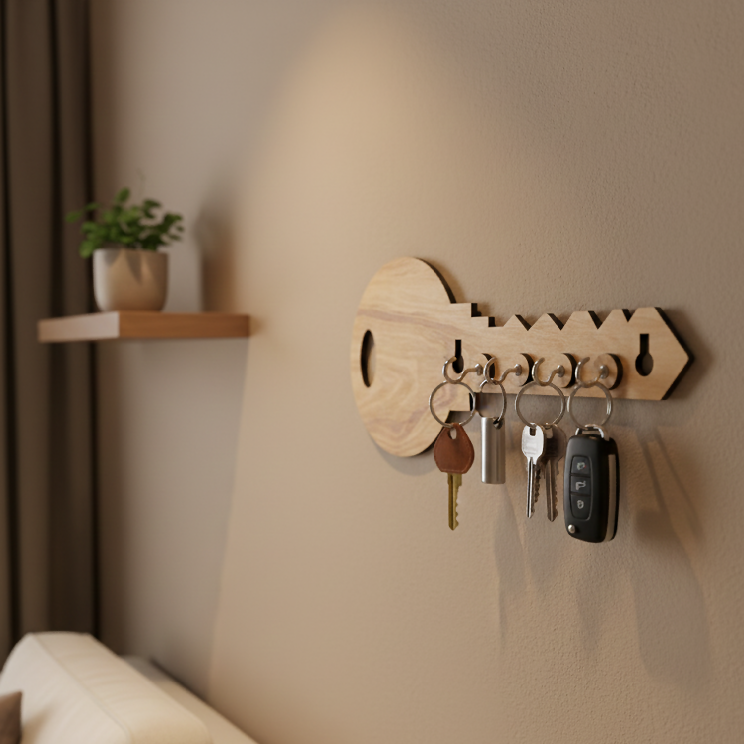 Key-Shaped Wooden Key Holder for Wall – Decorative MDF Wall Key Organizer with 5 Hooks | Modern Home Décor Key Stand