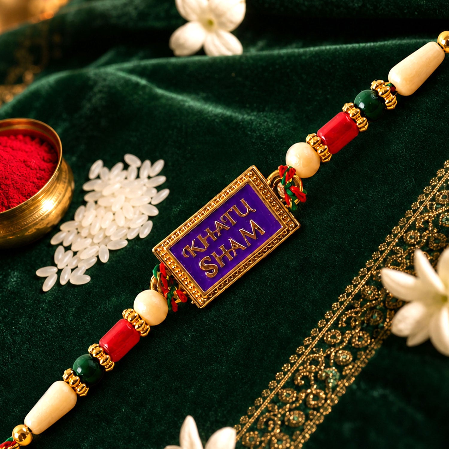 Khatu Shyam Text Pendant Rakhi with Multicolor Beads