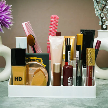 Makeup organiser holding lipsticks and cosmetics