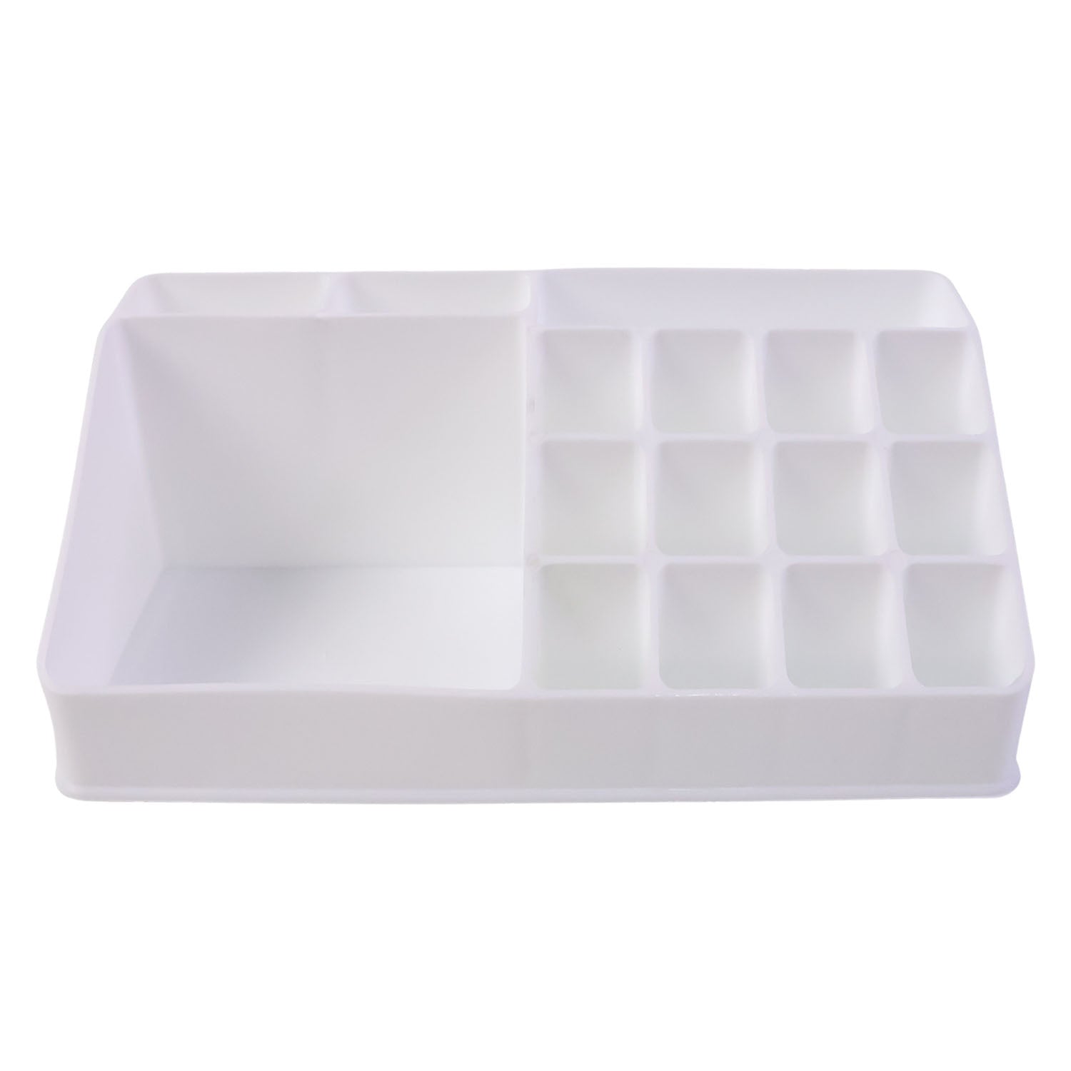 Open drawer of makeup organiser with cosmetics