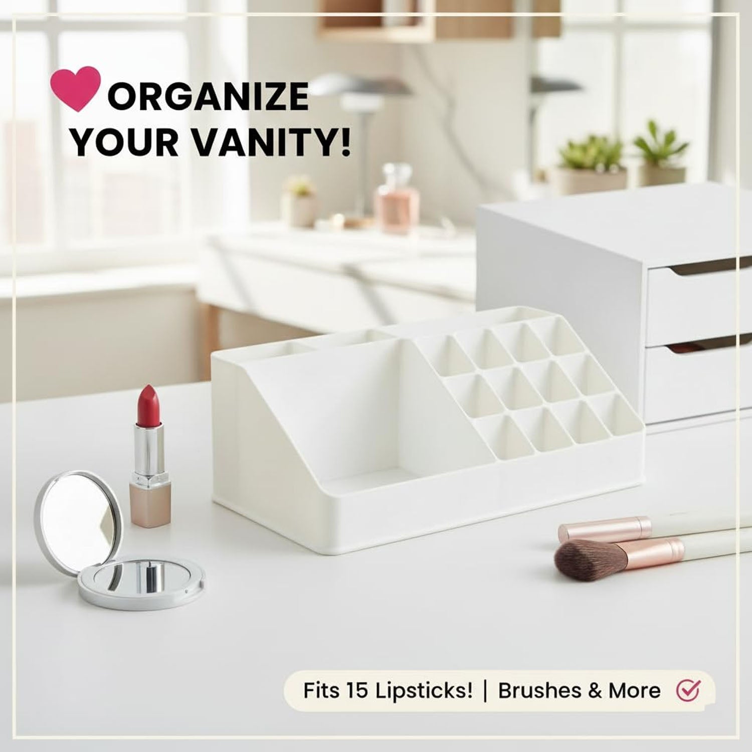 Side view of clear plastic makeup storage box