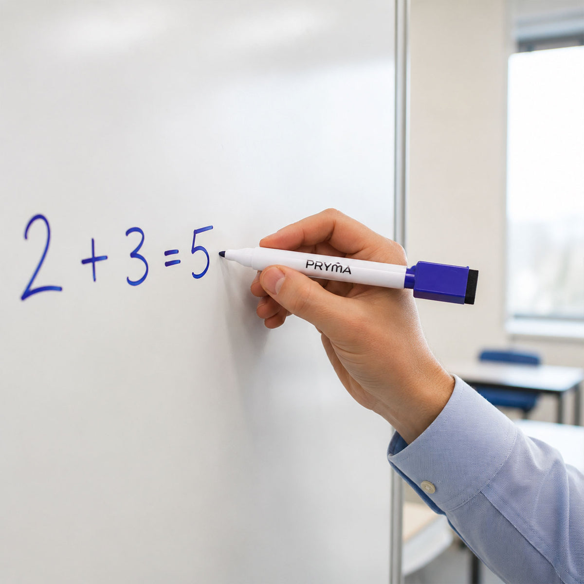 Blue dry erase marker pen with slim design and eraser cap