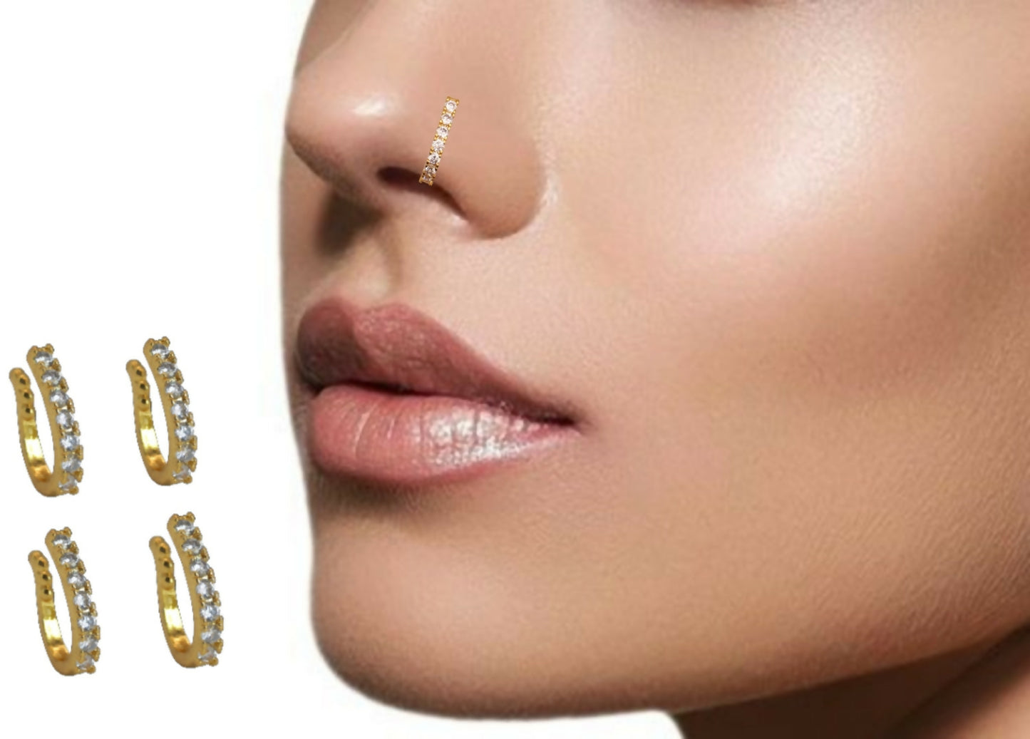 Gold-Plated CZ Lined Nose Ring Set of 4 | Daily Wear Nosepins
