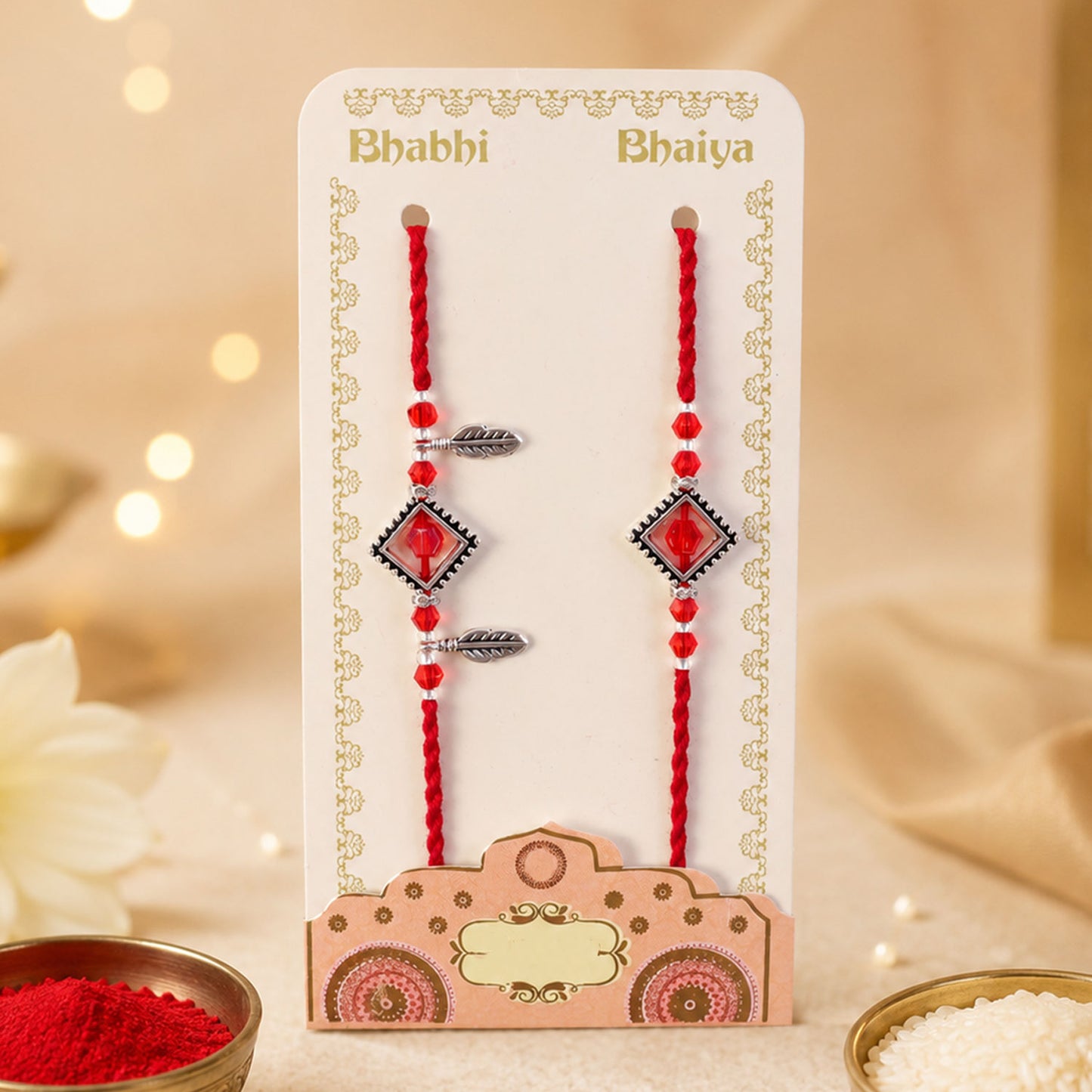 Red Gem Square Rakhi Set with Silver Bead Border and Leaf Charms for Couple Gift
