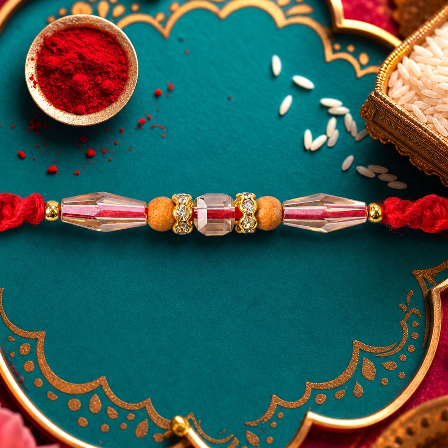 Red Thread Rakhi with Champagne Crystal Beads and Wooden Bead Accents