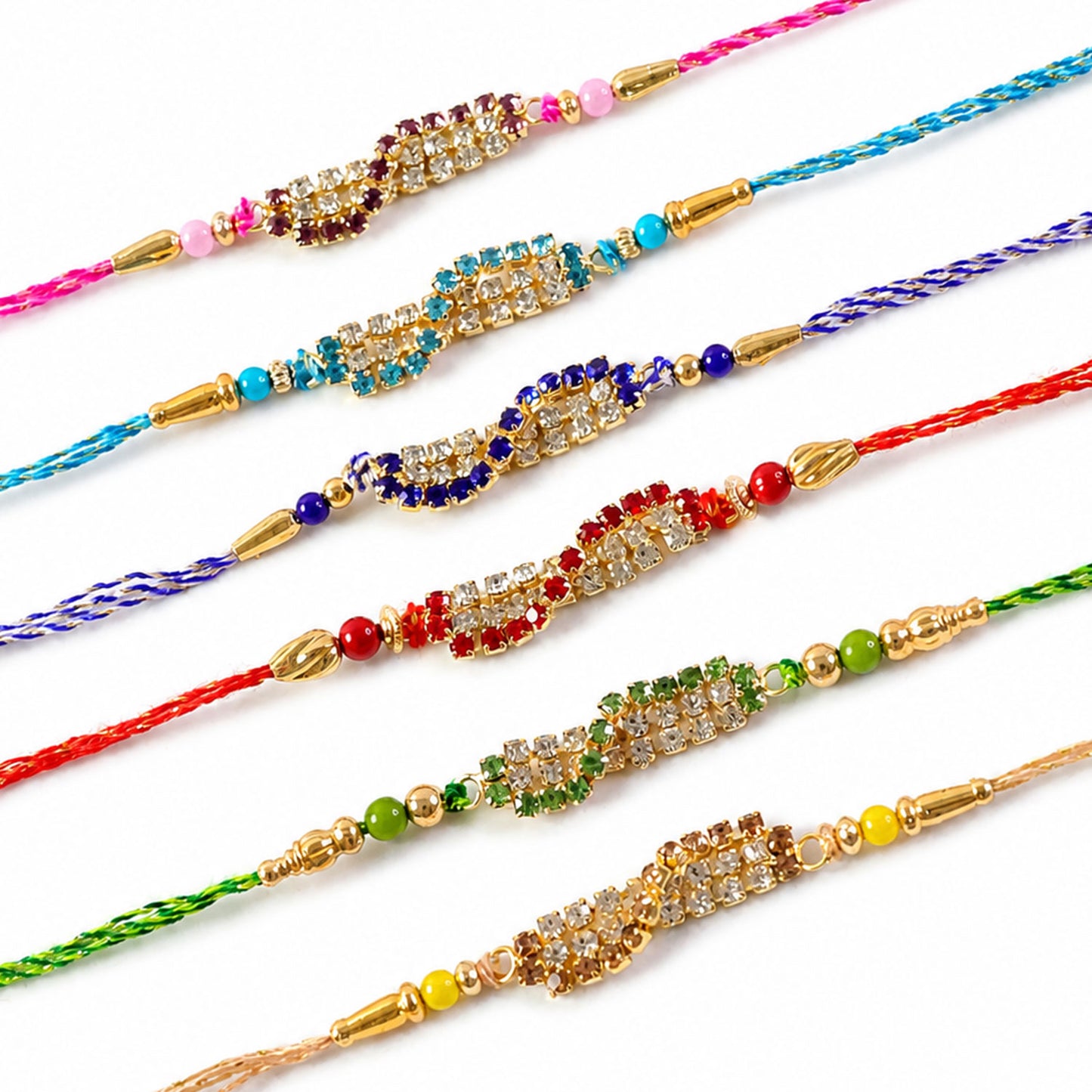 Wave Shaped AD Stone Rakhi for Brother with Beads (Pack of 6)