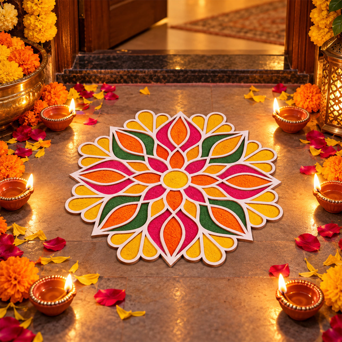Floral Mandala Rangoli Stencil for Festive Home Entrance and Puja Decoration