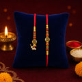 Om Motif Bhai Bhabhi Rakhi with Rudraksha Beads, Wooden Beads and Pearl Drop Charms