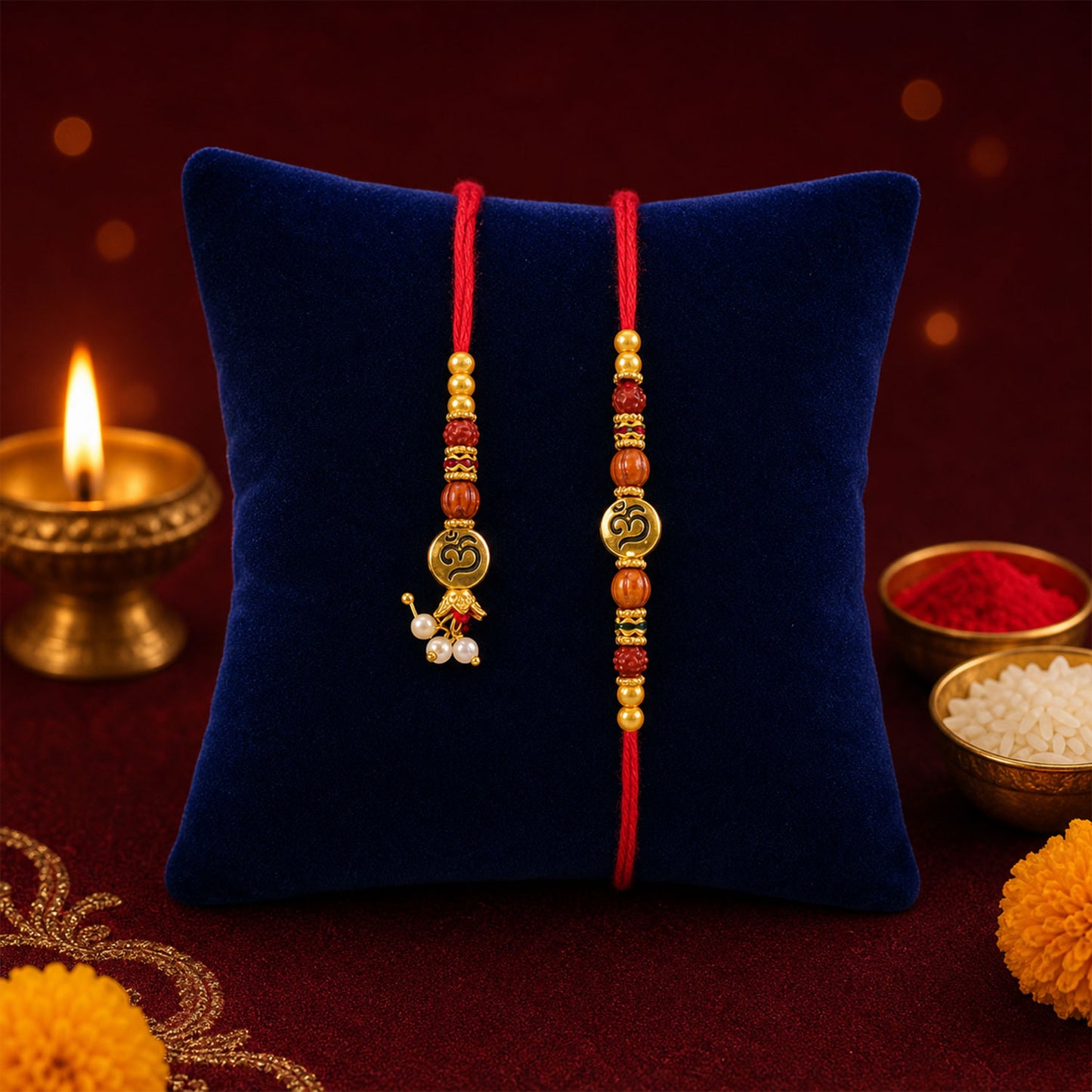 Om Motif Bhai Bhabhi Rakhi with Rudraksha Beads, Wooden Beads and Pearl Drop Charms