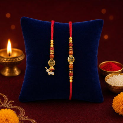 Om Motif Bhai Bhabhi Rakhi with Rudraksha Beads, Wooden Beads and Pearl Drop Charms