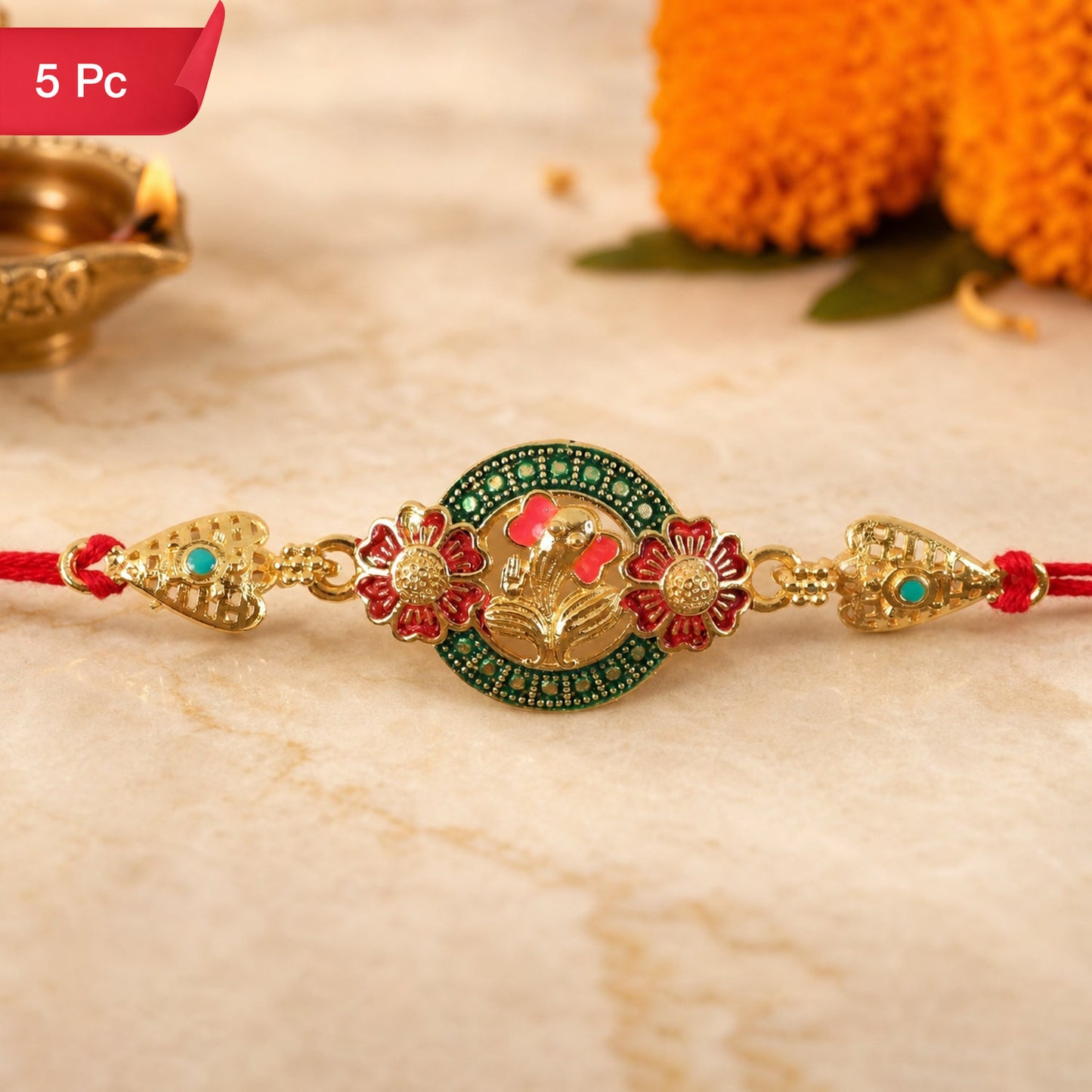 Ganesha Rakhi Kundan Beaded Floral Designer for Brother (5pcs)