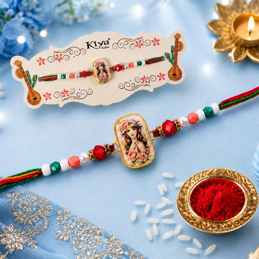 Vintage Floral Portrait Designer Printed Rakhi for Brother, Beads Gift