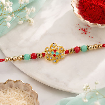 Floral Premium Clover Meenakari Rakhi for Brother, Turquoise Beads