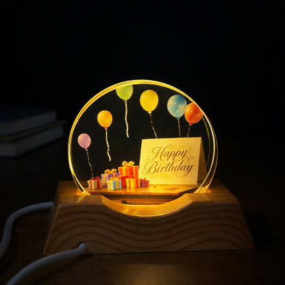Happy Birthday Acrylic LED Night Lamp with Wooden Base Decorative Gift
