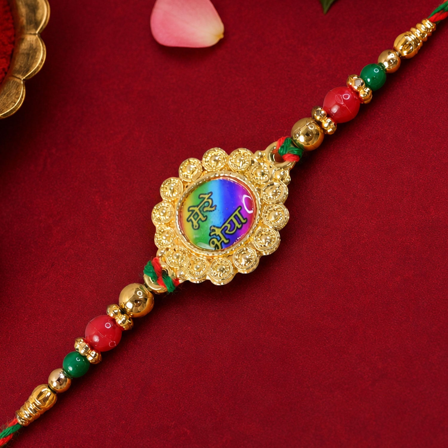 Bold Rakhi featuring Rainbow Devanagari Plaque, bead line and gift style for Gift Use