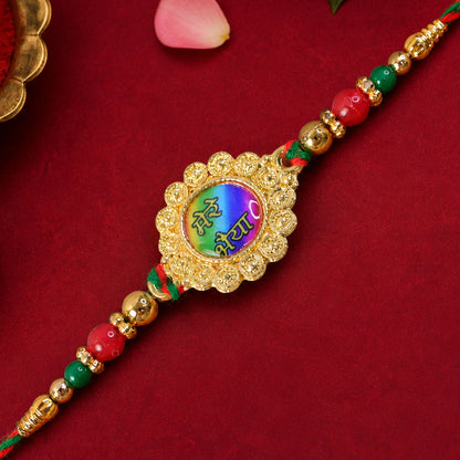 Bold Rakhi featuring Rainbow Devanagari Plaque, bead line and gift style for Gift Use
