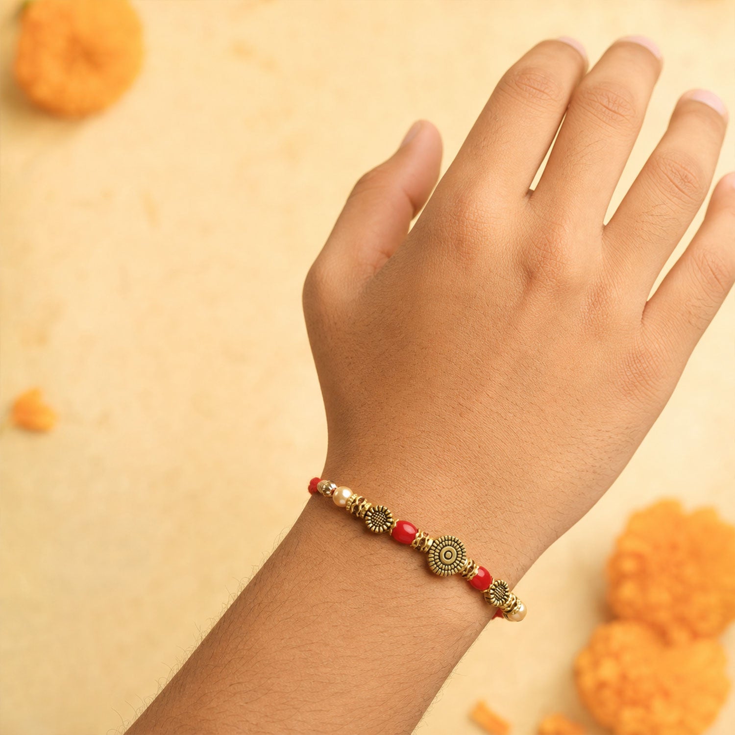 Graceful Beaded Minimal Design Bhai Bhabhi Rakhi with Beads and Disc for Gifting