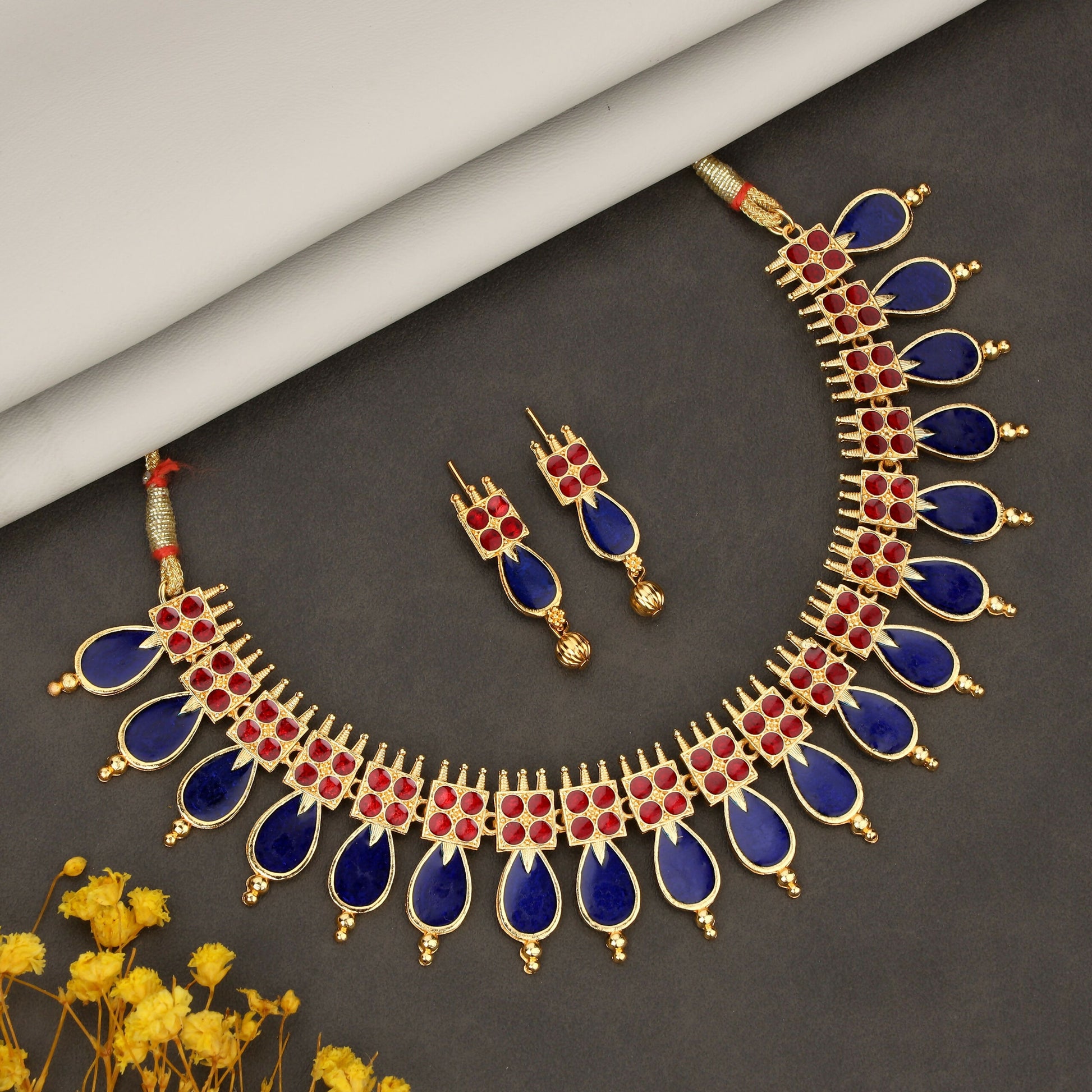 Traditional Gold-Tone Blue-Maroon Enameled Lotus Choker Set