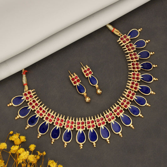 Traditional Gold-Tone Blue-Maroon Enameled Lotus Choker Set