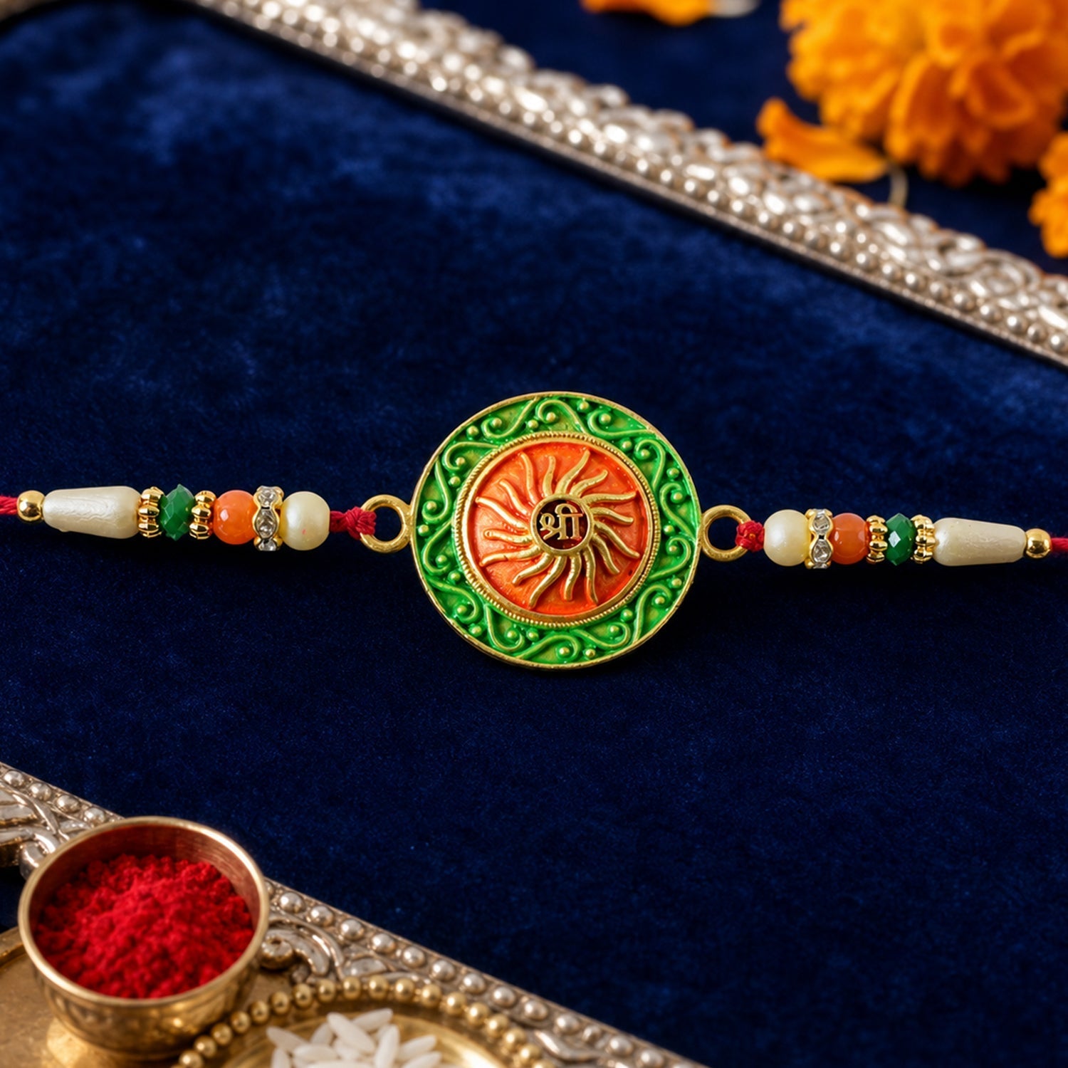 Round Shree Motif Designer Rakhi with Beaded Festive Detailing Work (5pcs)