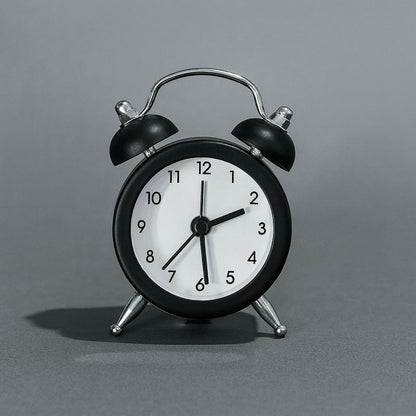 Mini Retro Analog Alarm Clock for Desk, Bedside & Home Décor – Silent Quartz Movement, Battery Operated, Compact Vintage Style Metal Twin Bell Clock – Ideal for Office Table, Study & Gifting (Black)