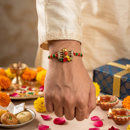 Traditional Shivling Rudraksha Rakhi with Red & Green Beads