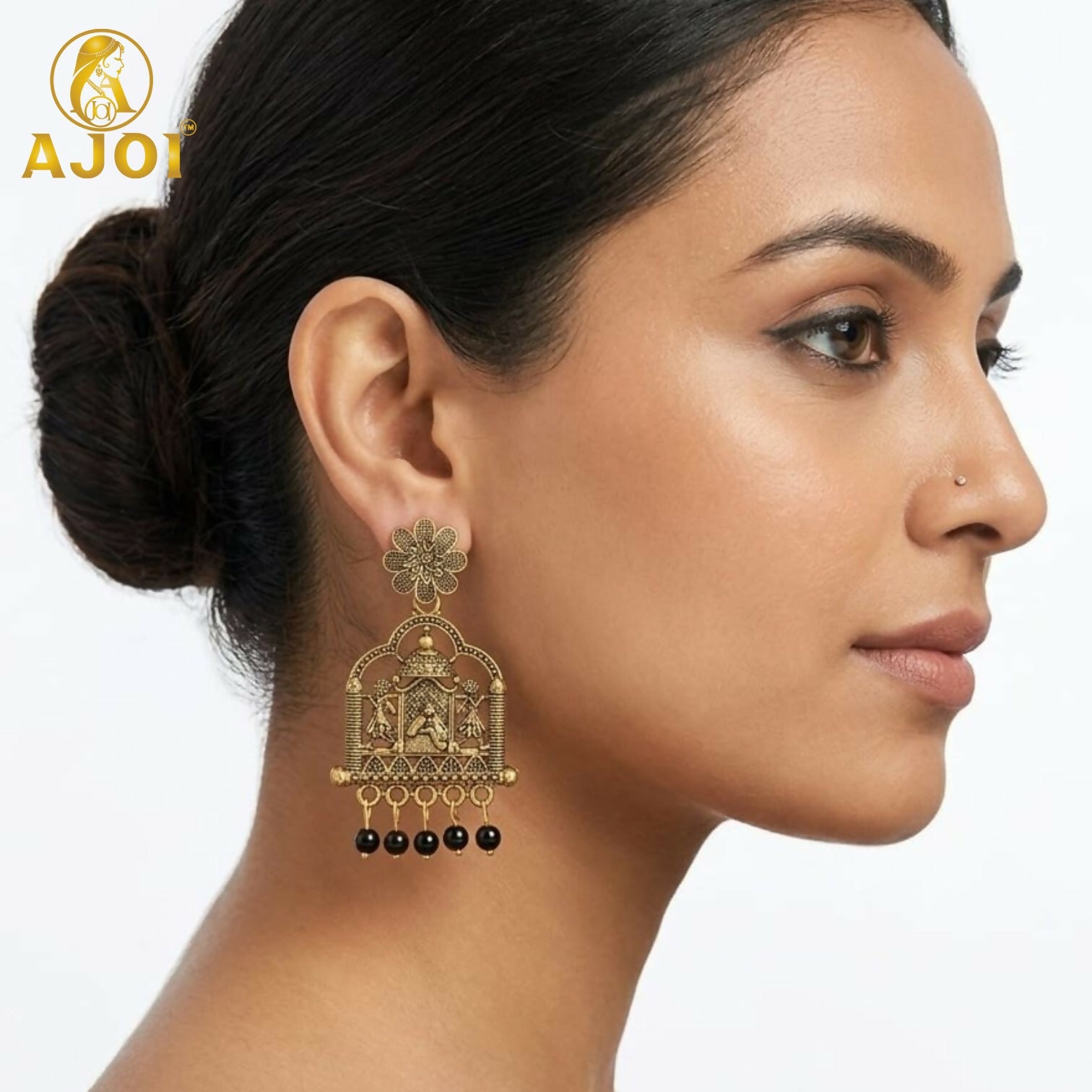 Antique Temple Radha Krishna Earrings with Black Beads (2 Pair Set)