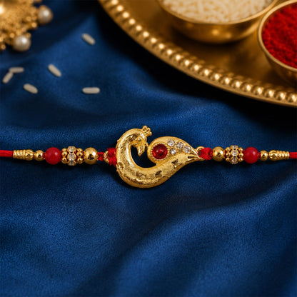 Peacock Feather Rakhi, Golden & Kundan Detailed Red Thread (10pcs)
