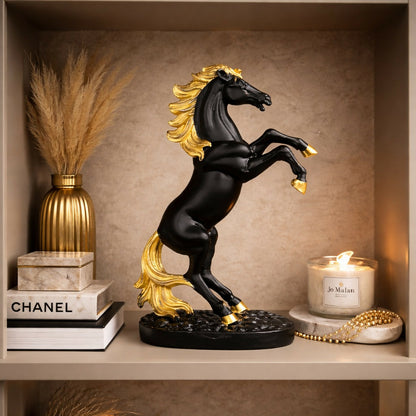 Black gold rearing horse statue side view