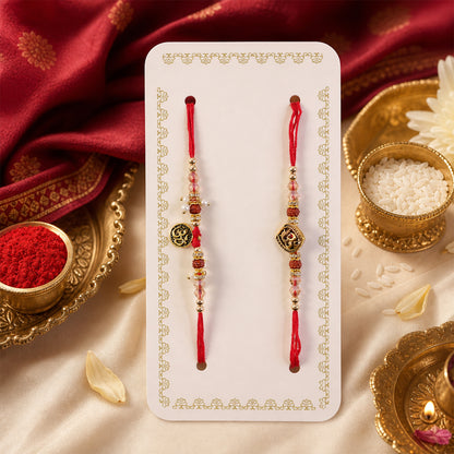 Graceful OM Symbol Bhai Bhabhi Rakhi with OM Medallion and Pearl Tassel for Gifting