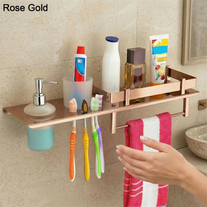 Stainless Steel Wall Mounted Bathroom Shelf with Soap Dispenser, Toothbrush Holder & Towel Rack 1Pc