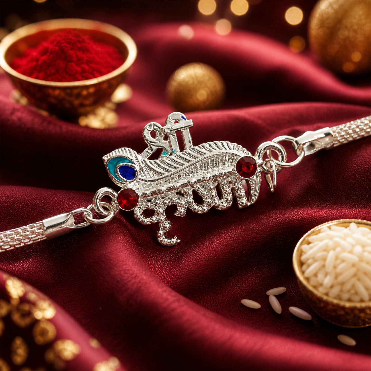 Shri Krishna Feather Enamel Stone Silver Chain Designer Rakhi