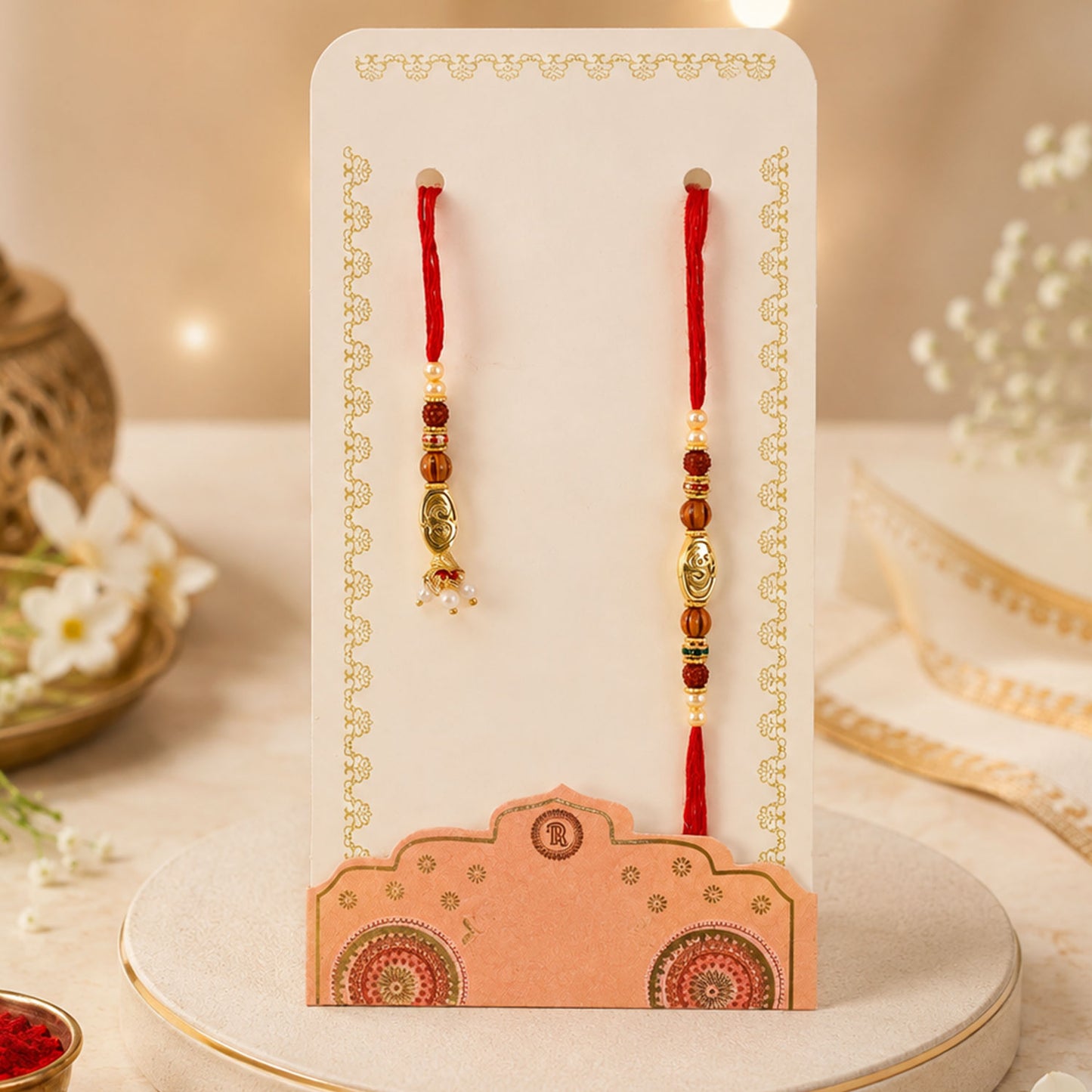 Antique Om Couple Rakhi Set with Rudraksha Style Beads and Pearl Lumba Charm Design
