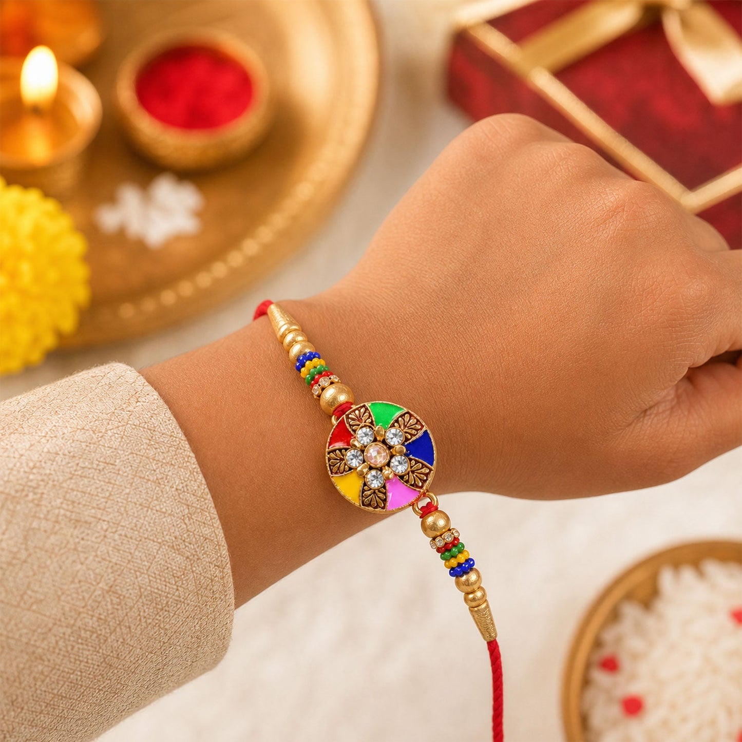 Multicolor Designer Rakhi Floral Embellished Beaded Thread (5pcs)