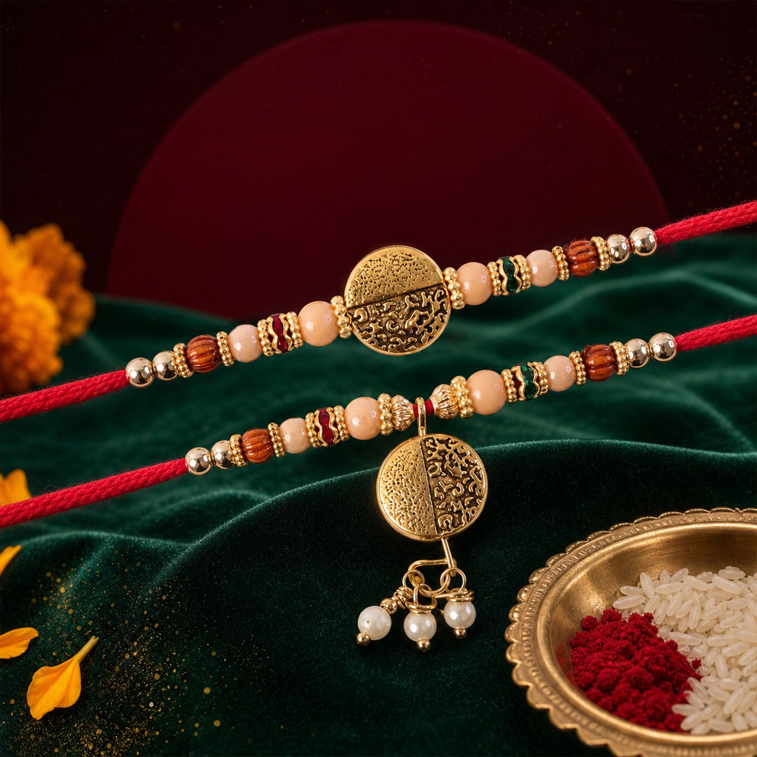 Couple Rakhi with Gold Coin Charm, Pearl Drop and Multicolor Bead Accents