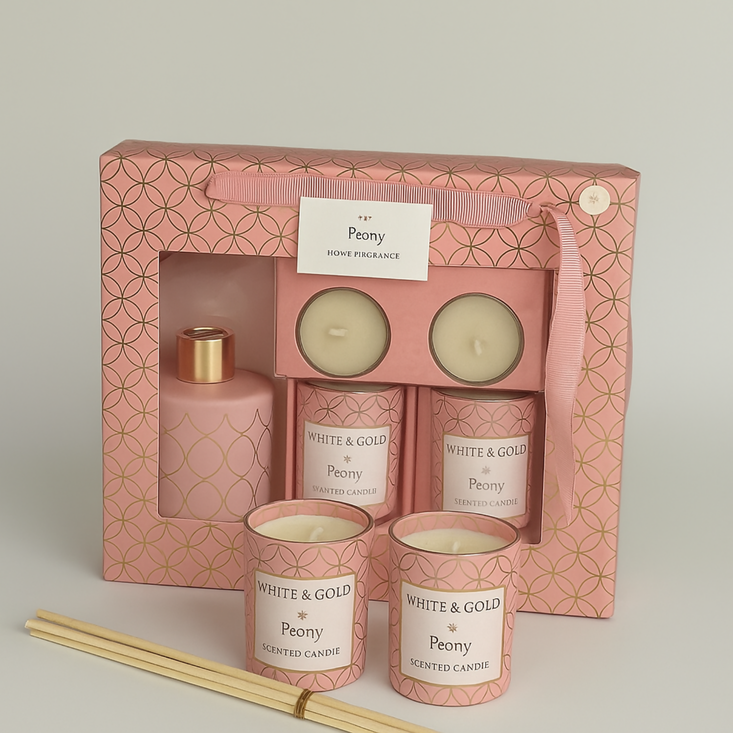 Luxury Peony Fragrance Gift Set – Foxy Home Fragrances White & Gold Collection | Scented Candle & Reed Diffuser Combo with Tealight Candles | Elegant Home Décor Gift Set for Women
