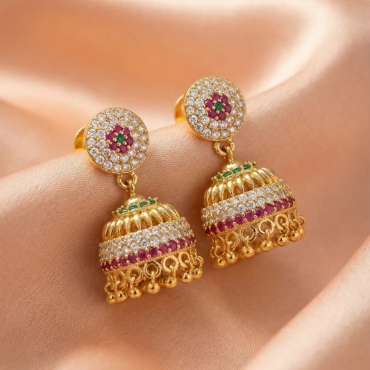 Gold-Plated Multicolour Ad Stone Studded Traditional Jhumka Earrings for Women