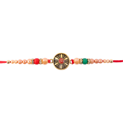 Oxidised Antique Chakra Wheel Designer Rakhi for Brother with Red Stone