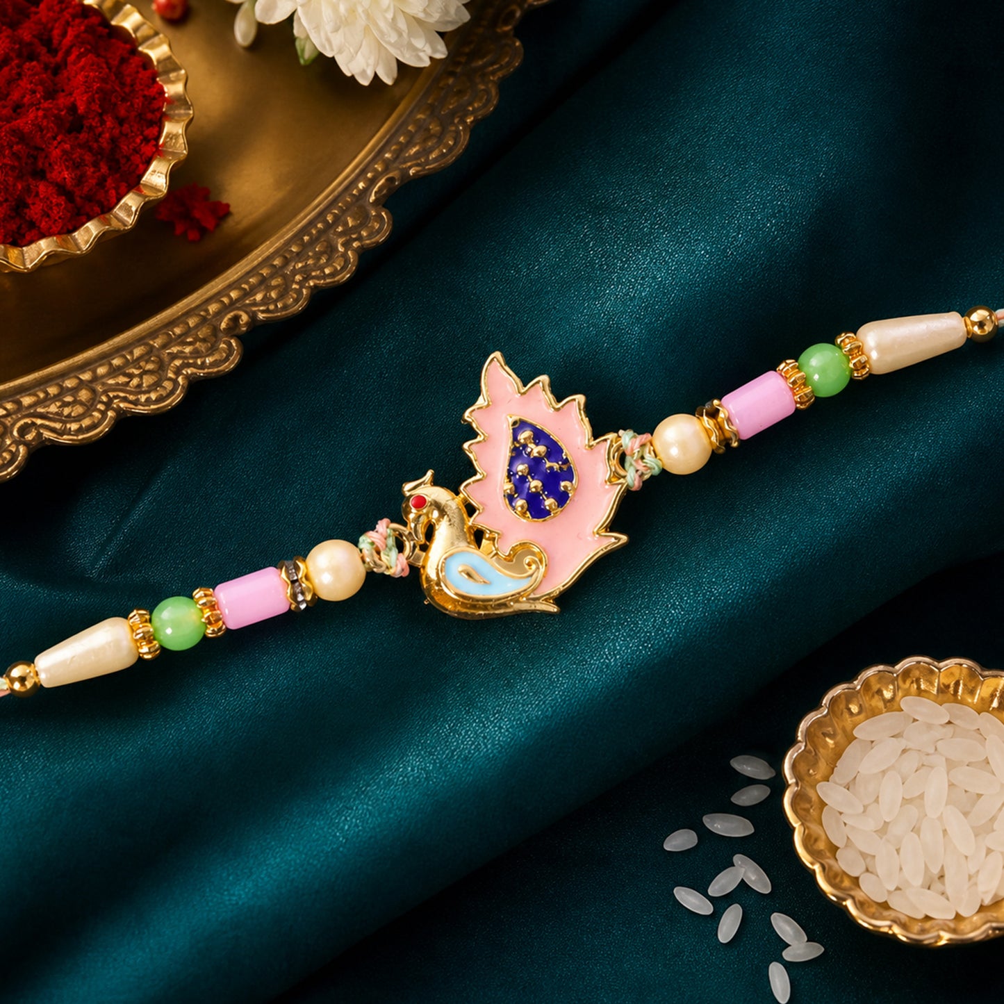 Peacock Designer Rakhi for Brother with Pink Pendant & Colorful Bead Work