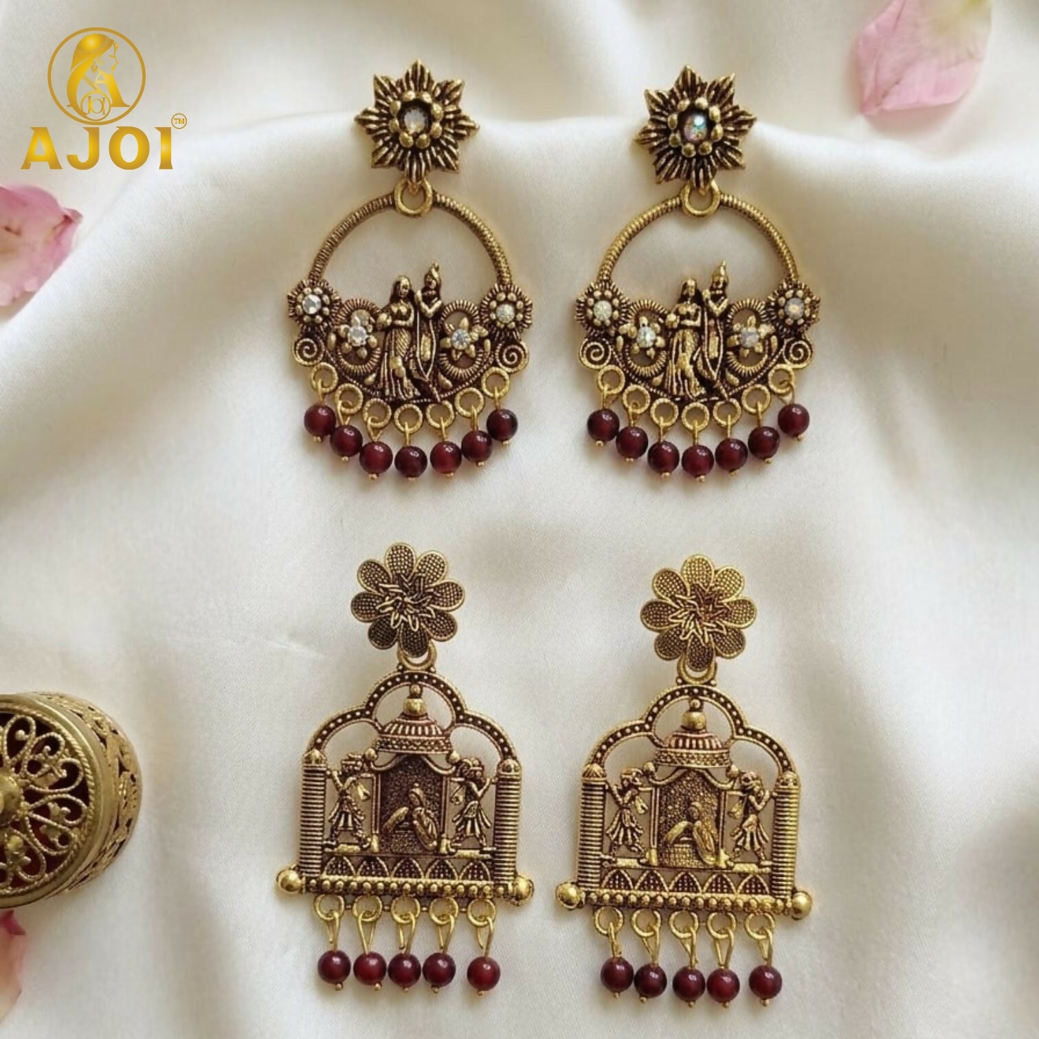 Radha Krishna Antique Gold Earrings with Maroon Beads (Pair)