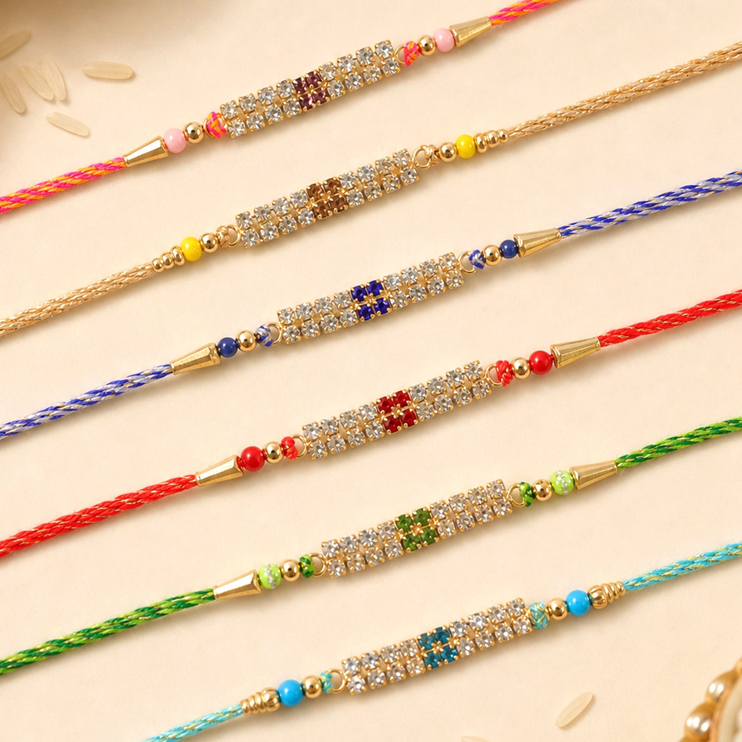 Rectangular Bar Motif Rakhi with Mix Colour Stones (Pack of 6)