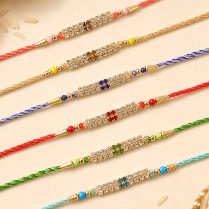 Rectangular Bar Motif Rakhi with Mix Colour Stones (Pack of 6)